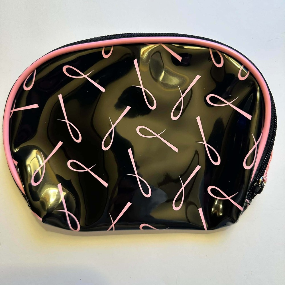 Pink Ribbon Breast Cancer Awareness Cosmetic Makeup Bag Black Pouch vintage
